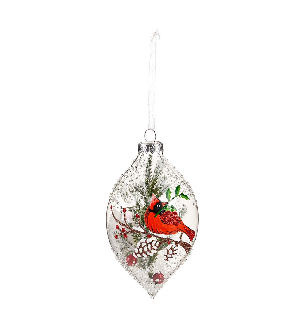 Glass Cardinal and Snow Christmas Tree Ornaments, Set of 2