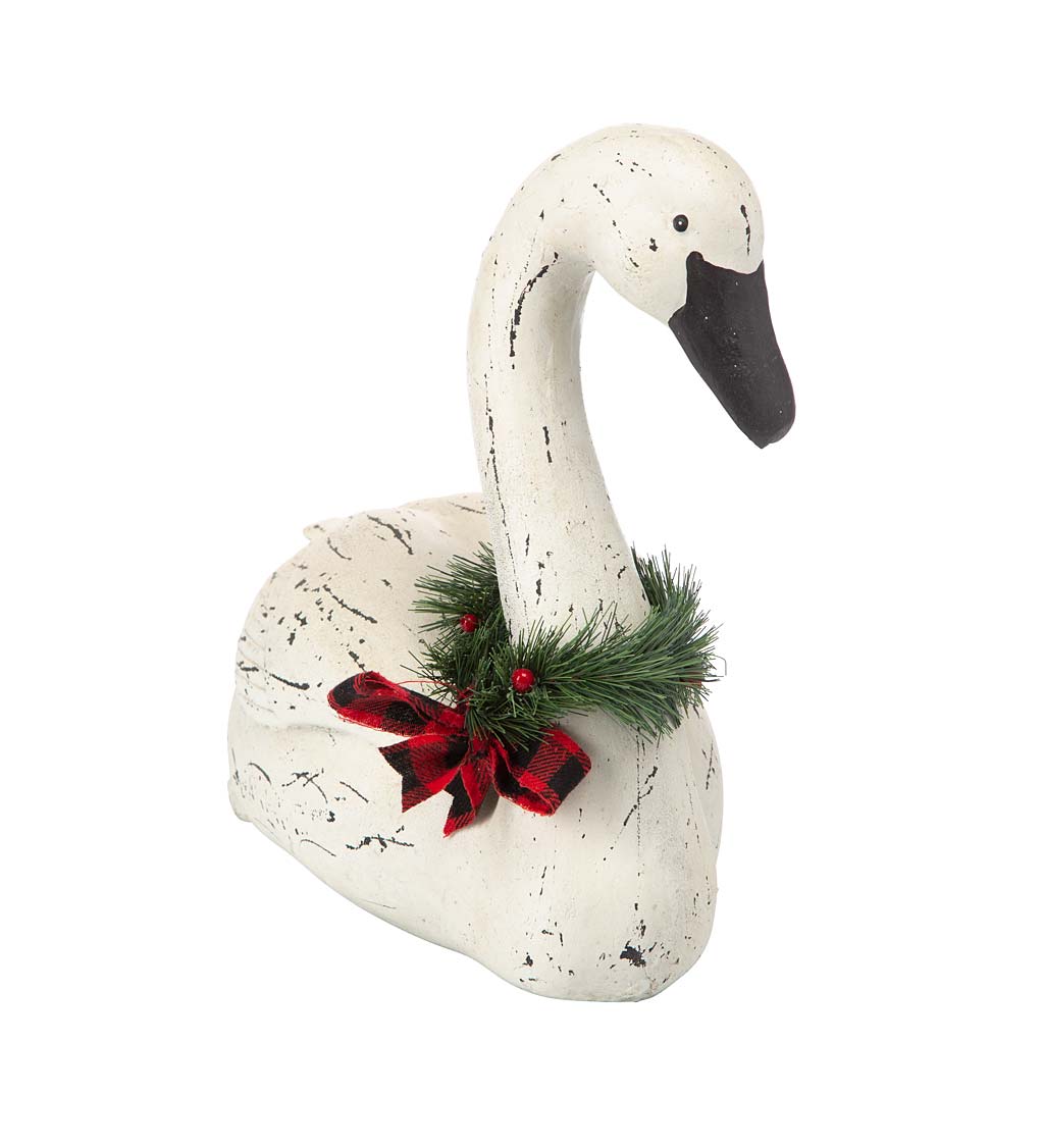Hand-Painted Holiday Swan Statue with Wreath