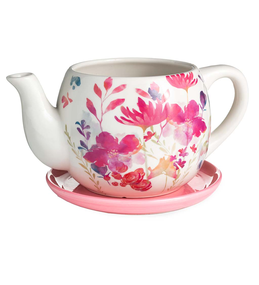 Indoor/Outdoor Ceramic Floral Tea Pot Planter with Saucer swatch image