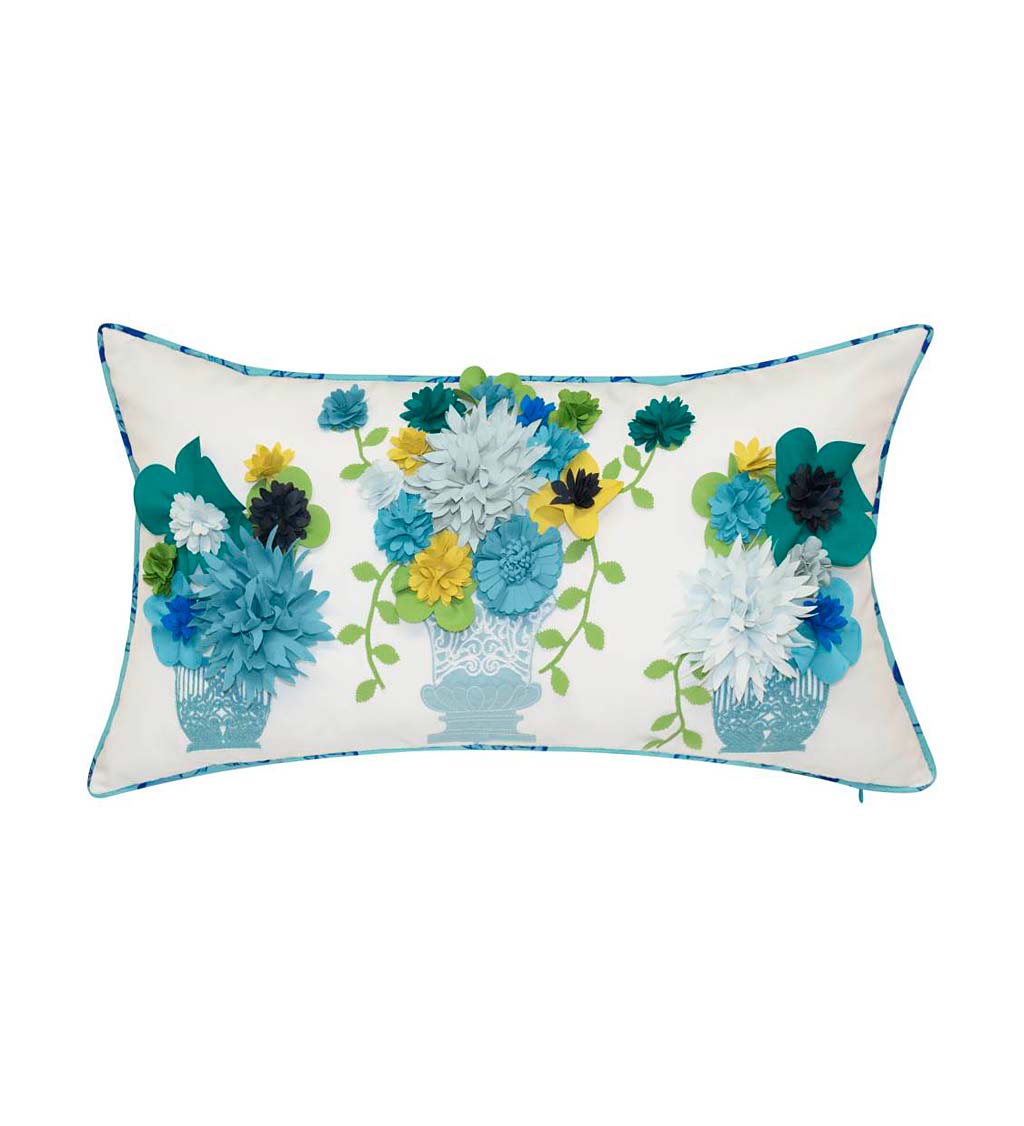 Indoor/Outdoor Embroidered Flower Pots Lumbar Pillow