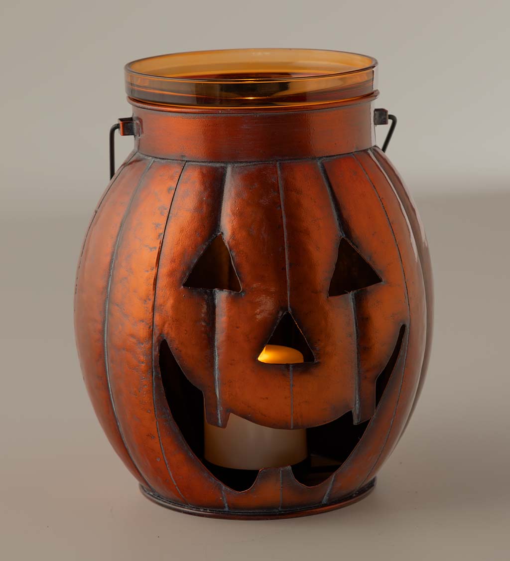 Halloween Pumpkin Metal Lantern with Flickering LED Candle