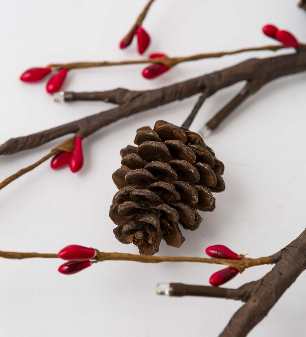 Lighted Branches With Natural Pine Cones and Faux Red Berries