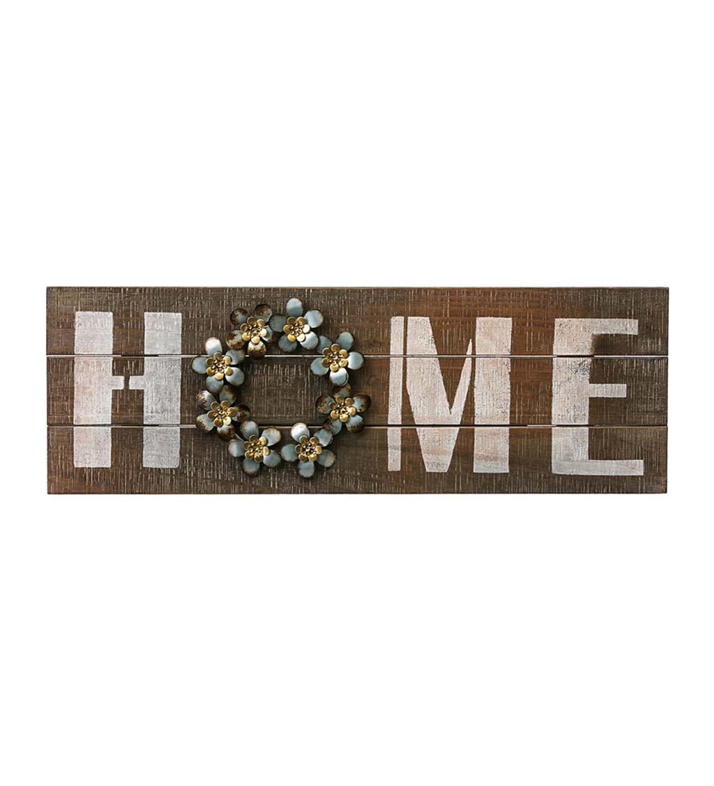 Wooden Home Sign with Metal Wreath