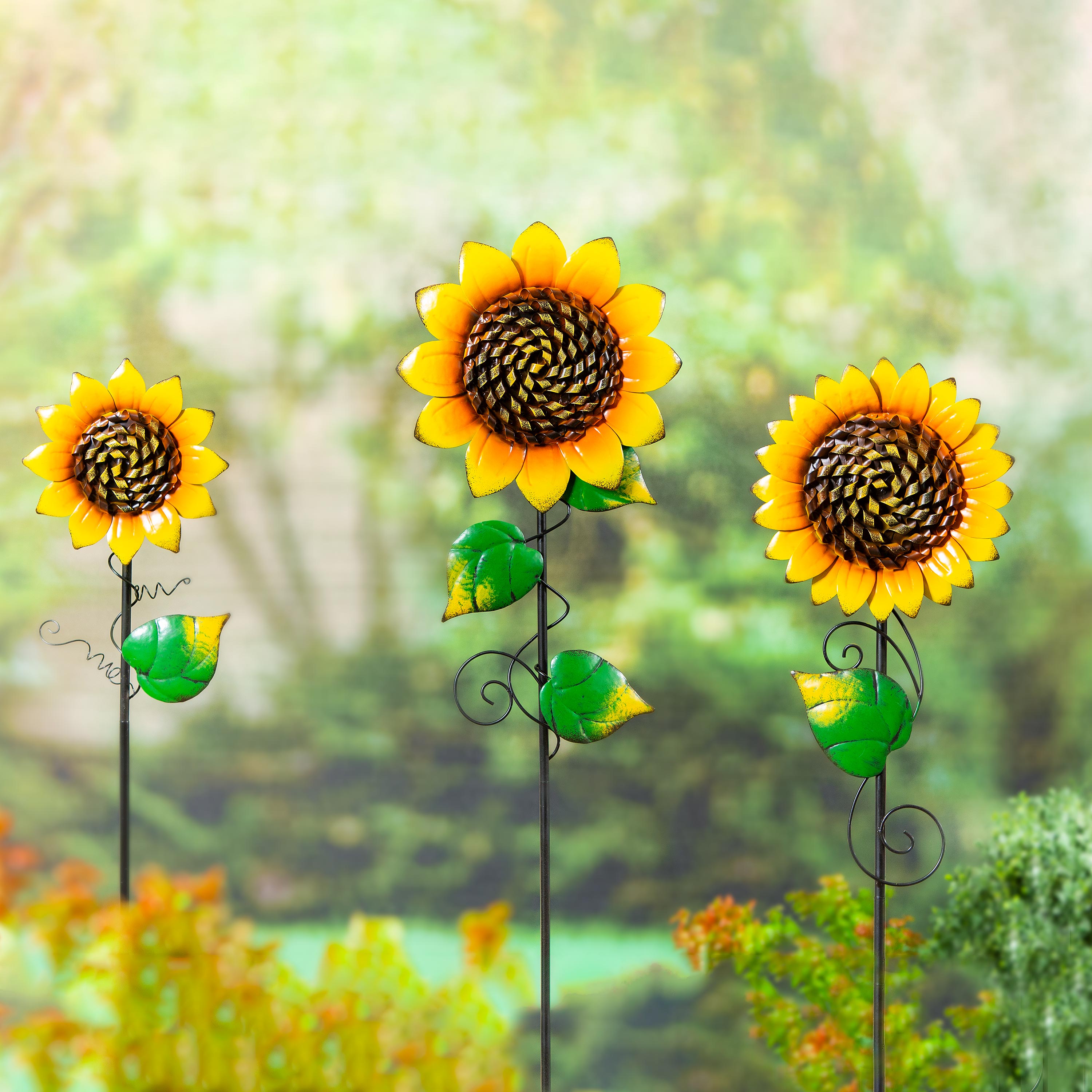 Painted Metal Sunflower Garden Stakes, Set Of 3