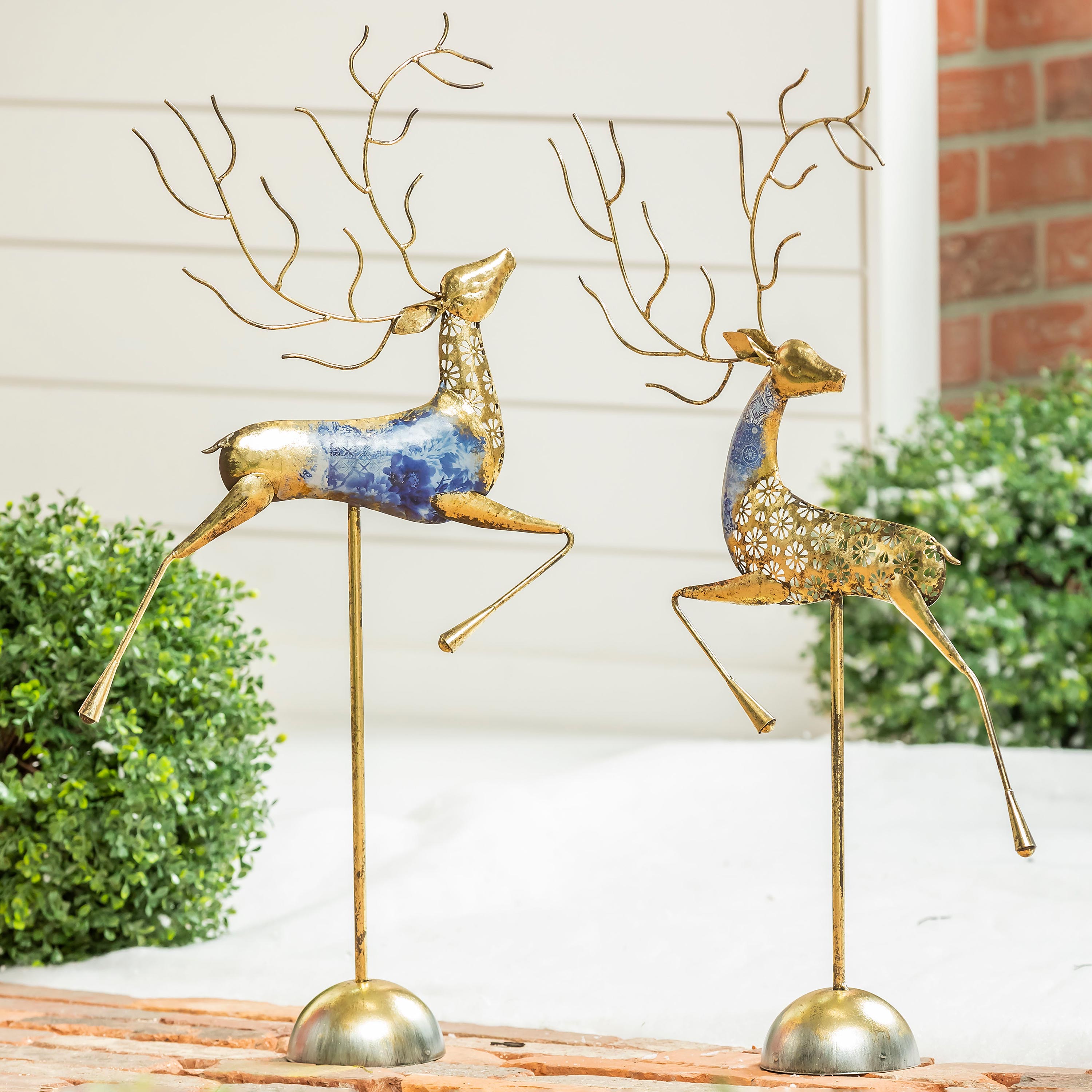 Blue and Gold Metal Reindeer Statues, Set of 2