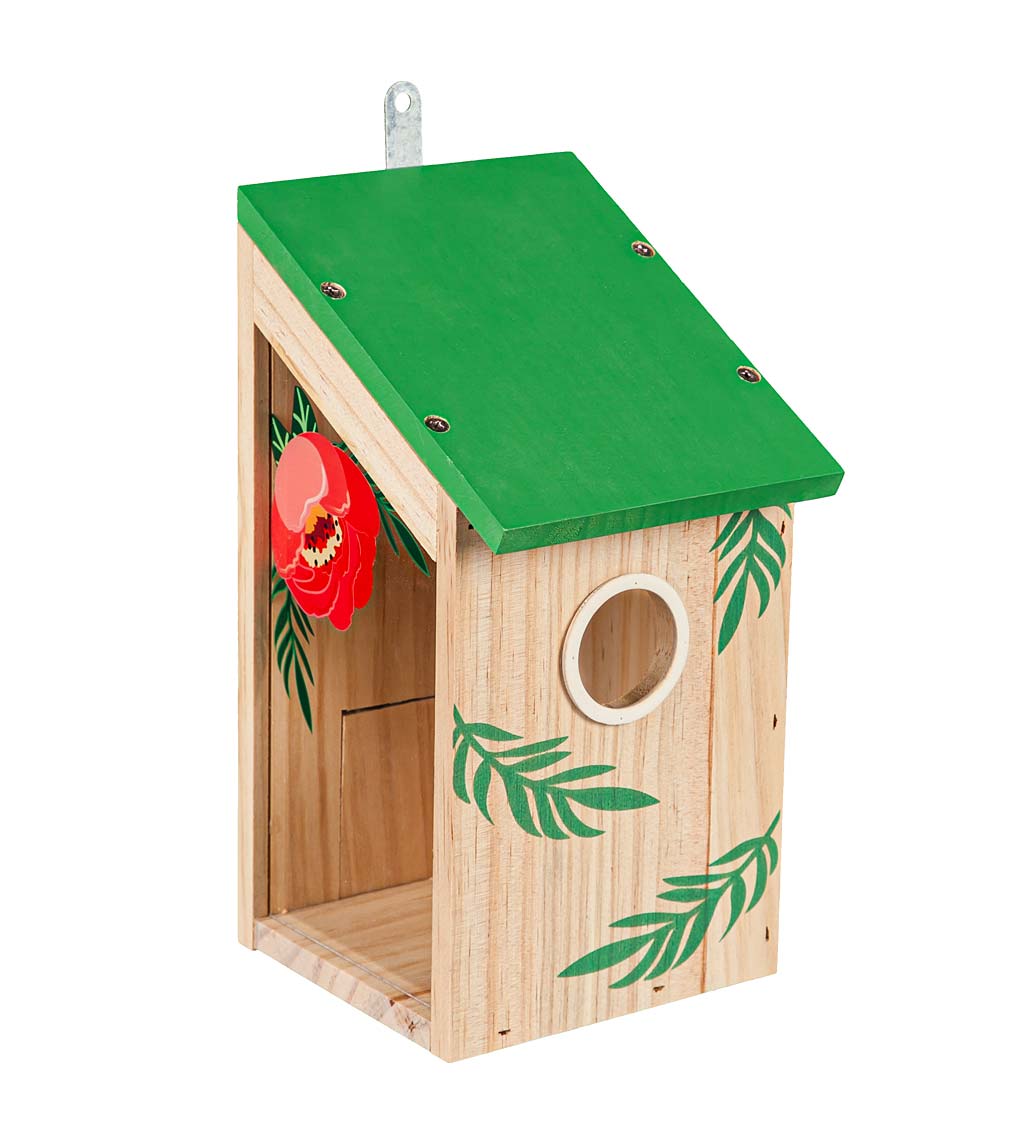 Wooden Bird House with Acrylic Viewing Window, Pink Flower