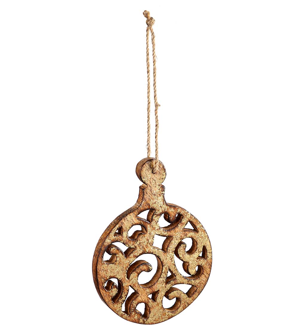 Round Wooden Filigree Christmas Tree Ornaments, Set of 2