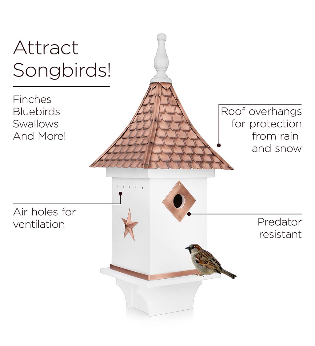 White Villa-Style Birdhouse with Hand-Hammered Copper Roof and Accents