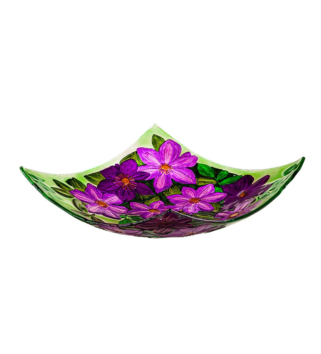 Hand Painted Embossed Square Glass Purple Floral Bird Bath Basin