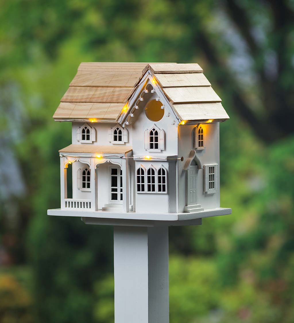 Madison Farmhouse Lighted Birdhouse And Pedestal Pole Set