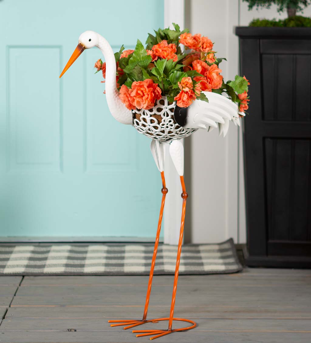 Standing White Heron Metal Planter with Coco Liner