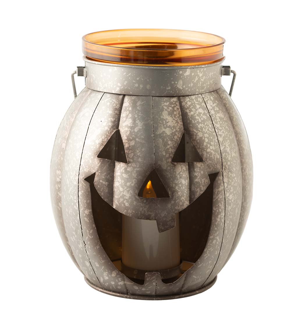 Halloween Pumpkin Metal Lantern with Flickering LED Candle swatch image