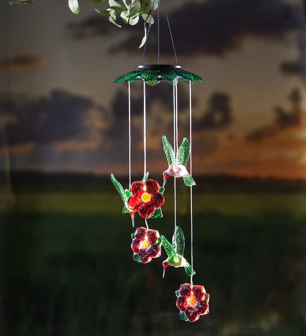 Color Changing Solar Mobile with Hummingbirds and Flowers
