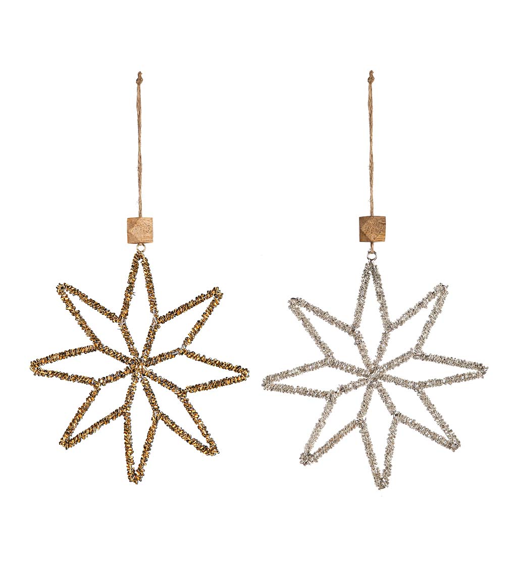 Gold and Silver Metal Beaded Star Christmas Tree Ornaments, Set of 2