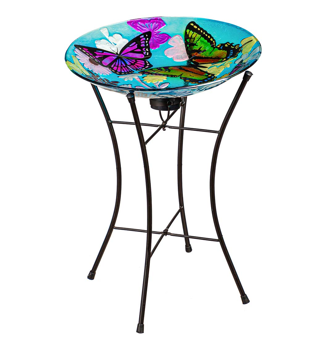 Bountiful Butterfly Hand Painted Embossed Glass Bird Bath with Solar Stand