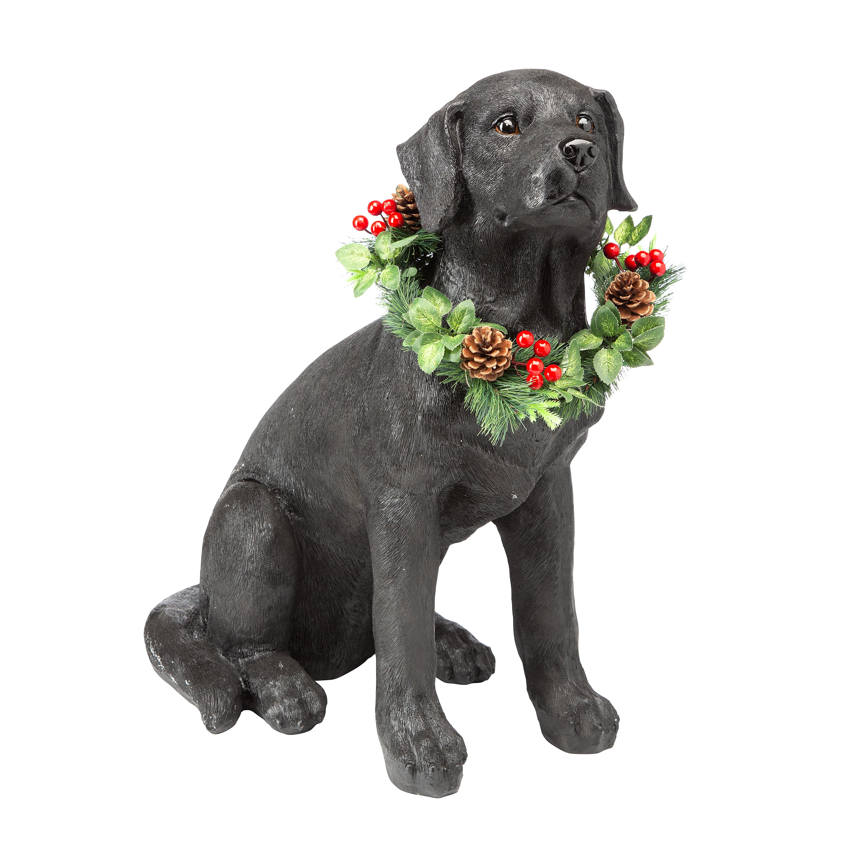 Black Labrador Statue with Removable Lighted Holiday Wreath