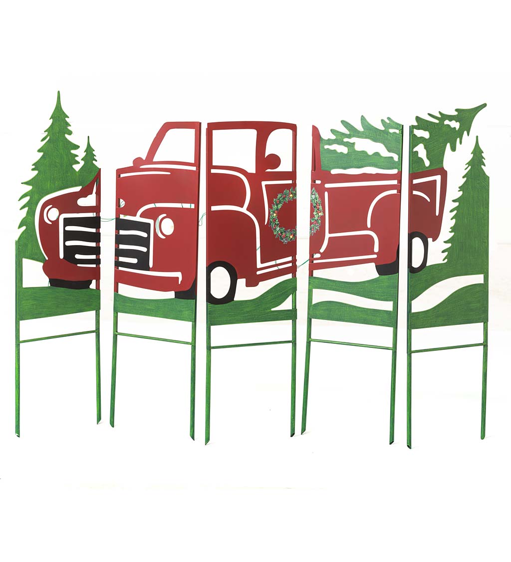 Vintage Red Antique Truck Lighted Landscape Panel Stakes, Set of 5