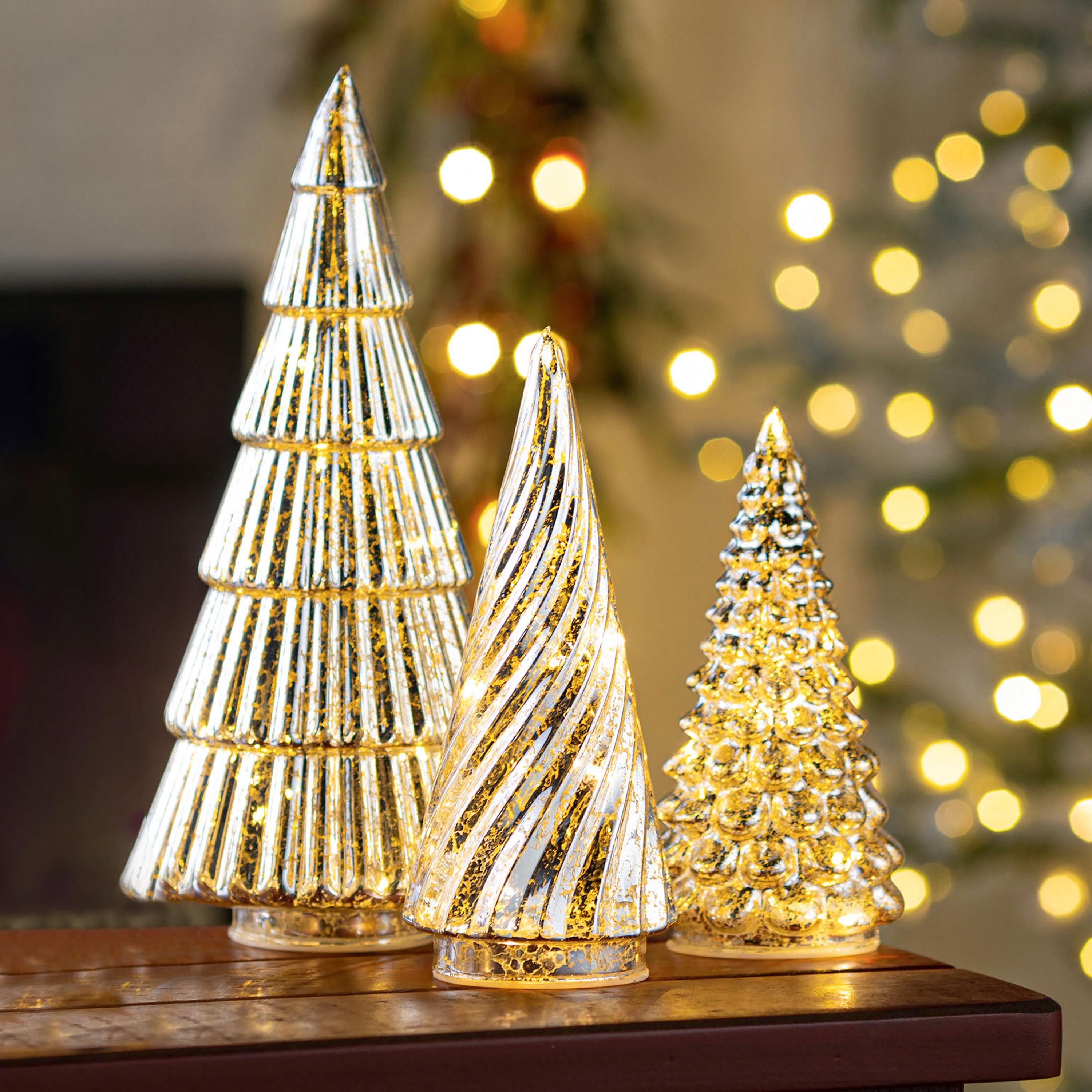 Lighted Glass Christmas Trees, Set of 3