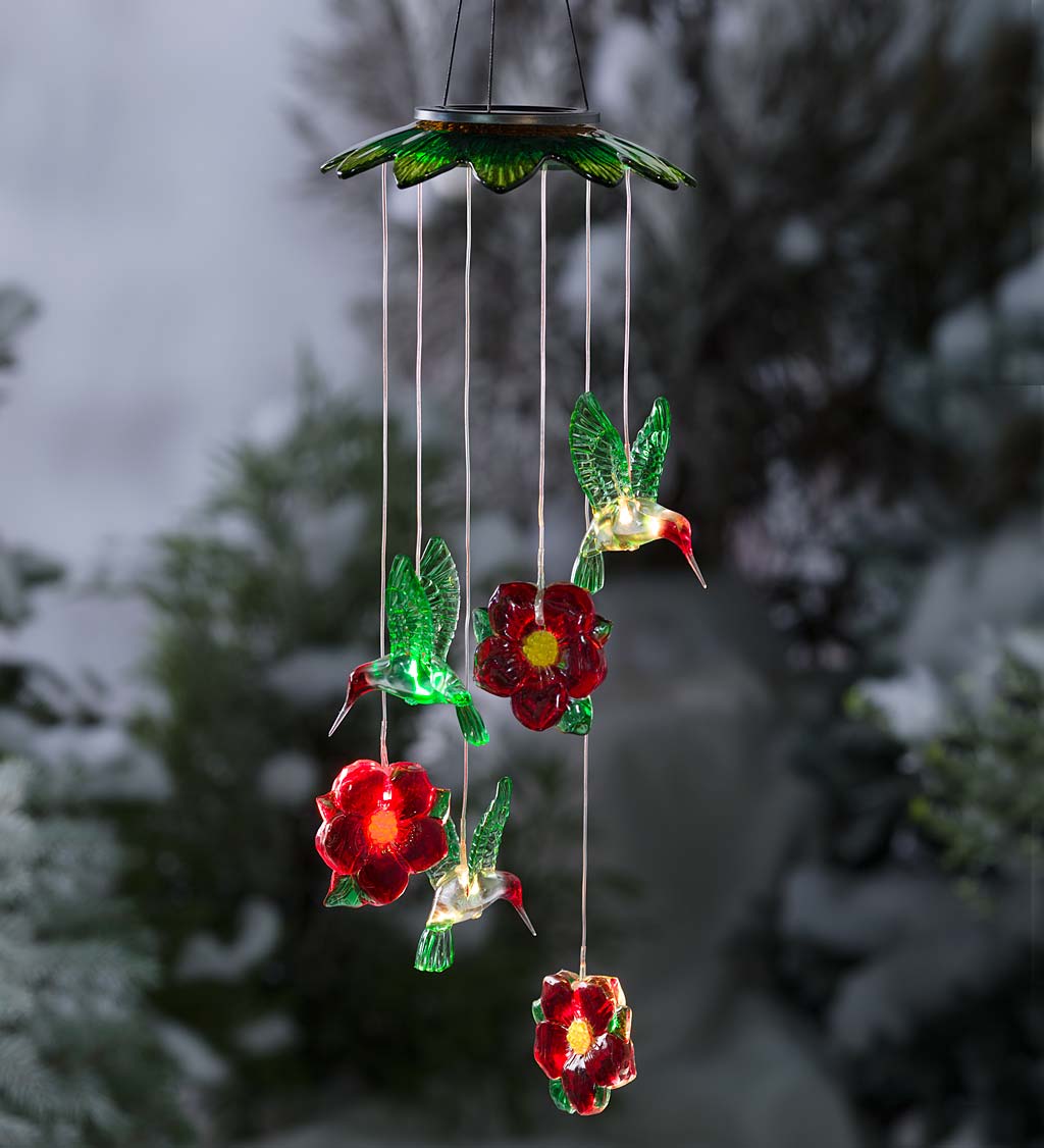Color Changing Solar Mobile with Hummingbirds and Flowers