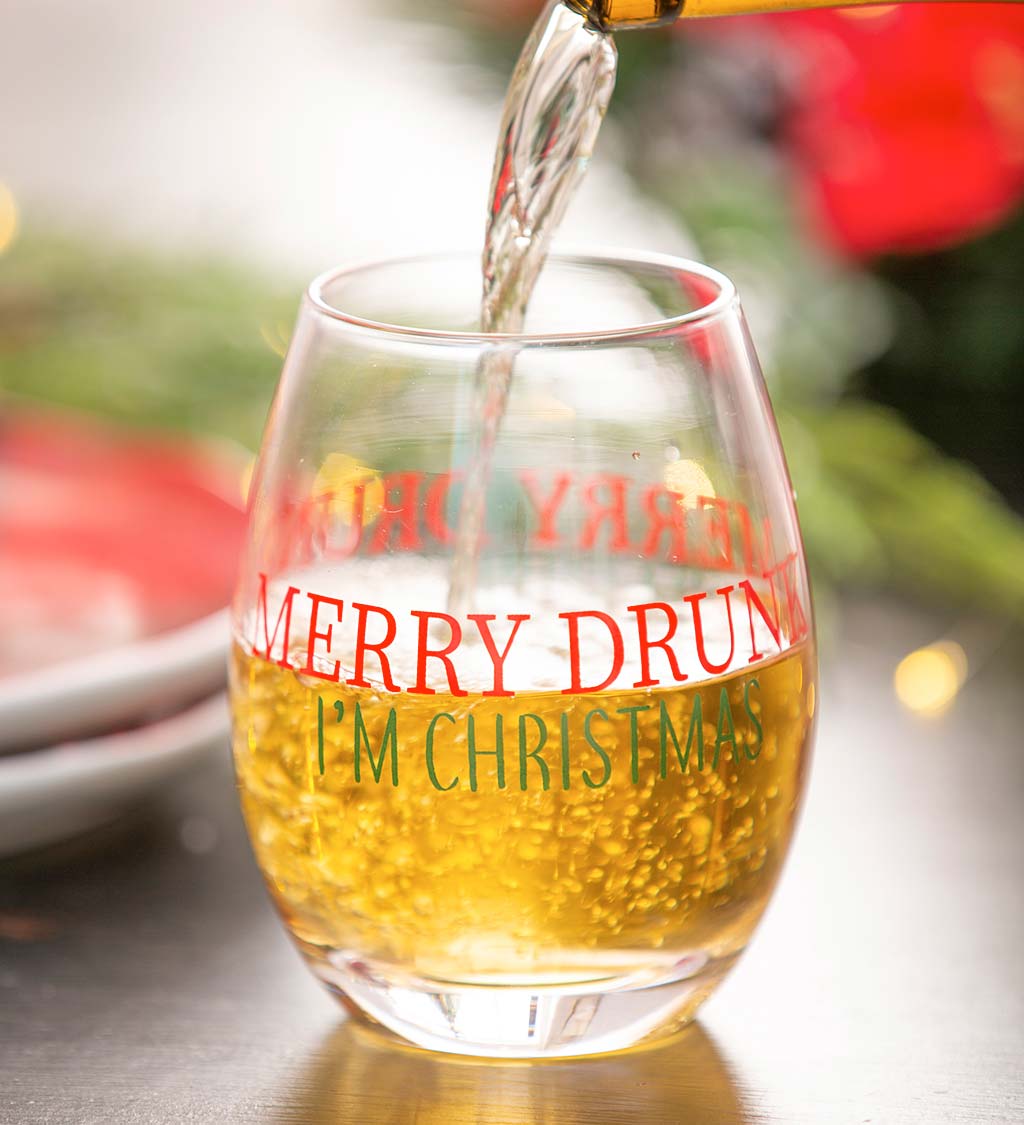 Merry Drunk, I’m Christmas 17 oz. Stemless Wine Glass With Gift Box