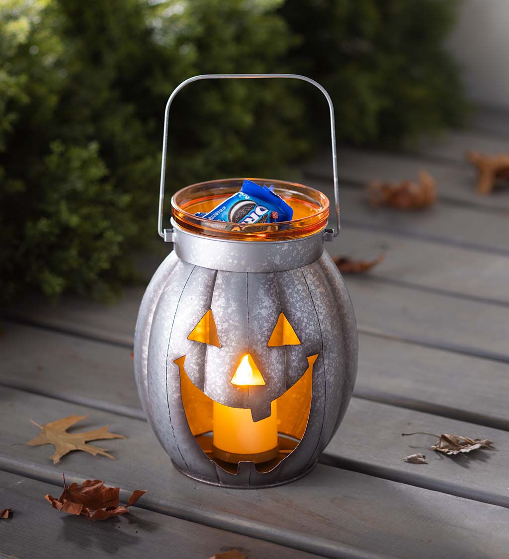 Halloween Pumpkin Metal Lantern with Flickering LED Candle - Orange ...
