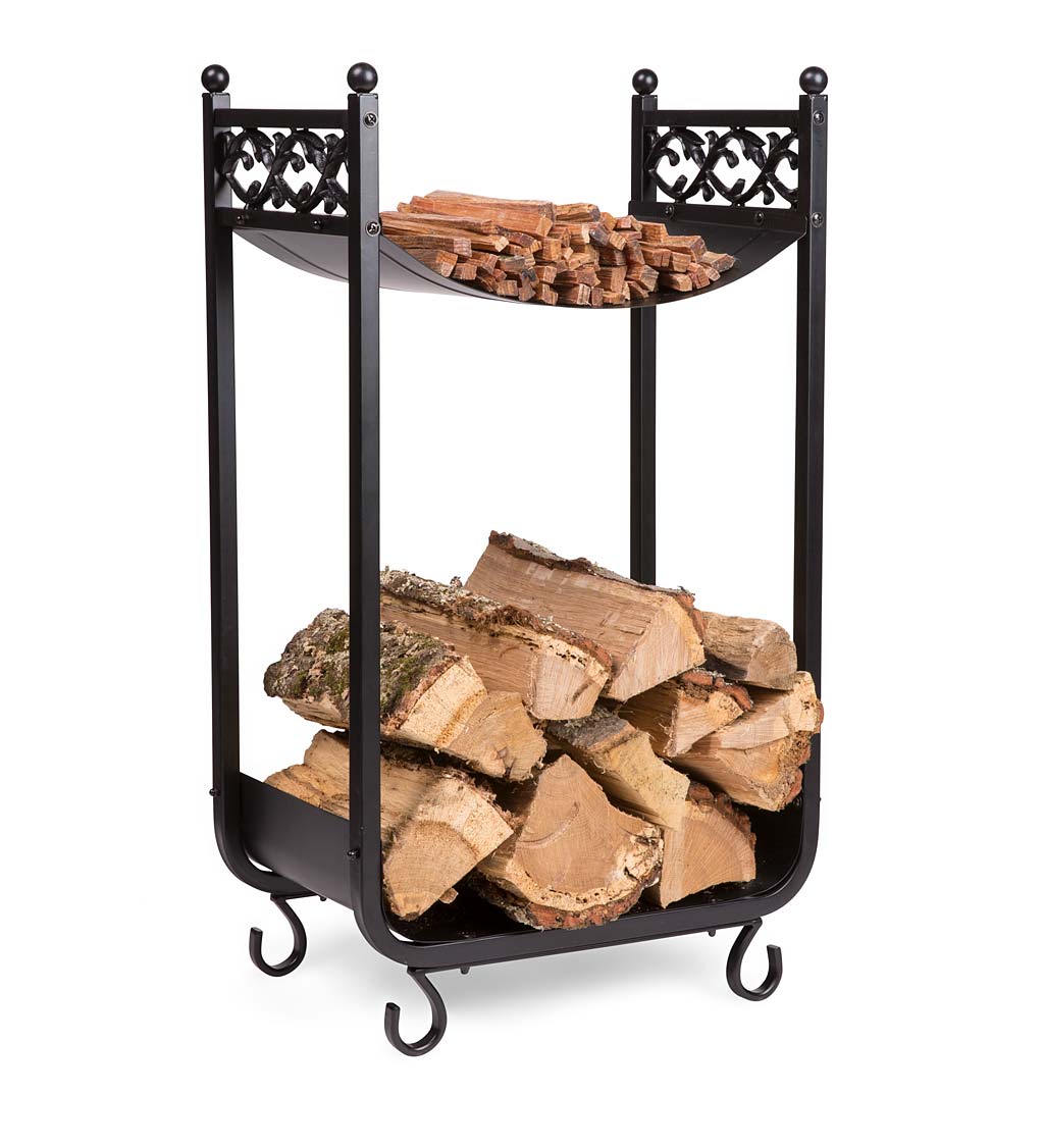 Compact Log Rack, Cast Iron with Scrollwork Design - Black