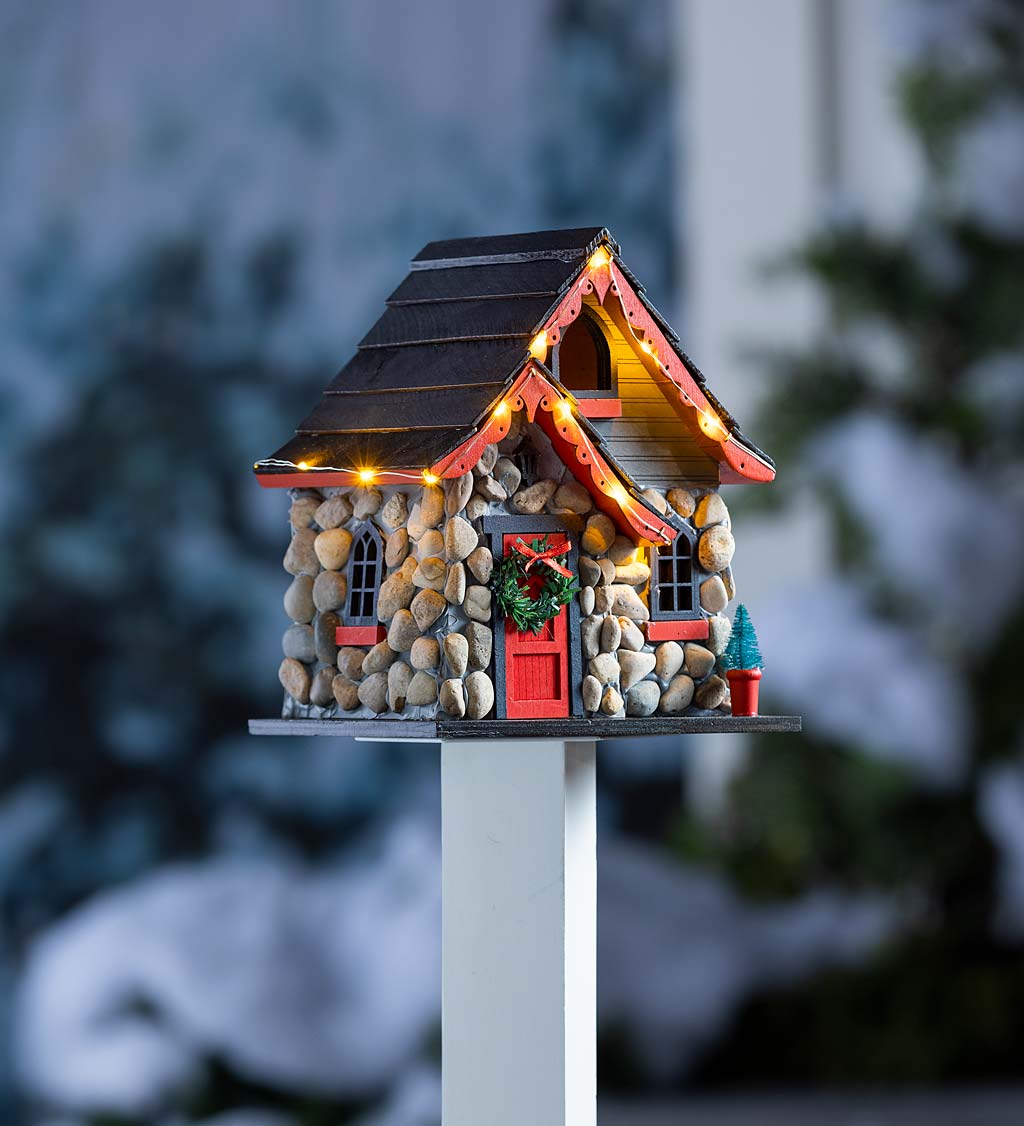 Lighted Christmas Cottage Birdhouse and Pole Set