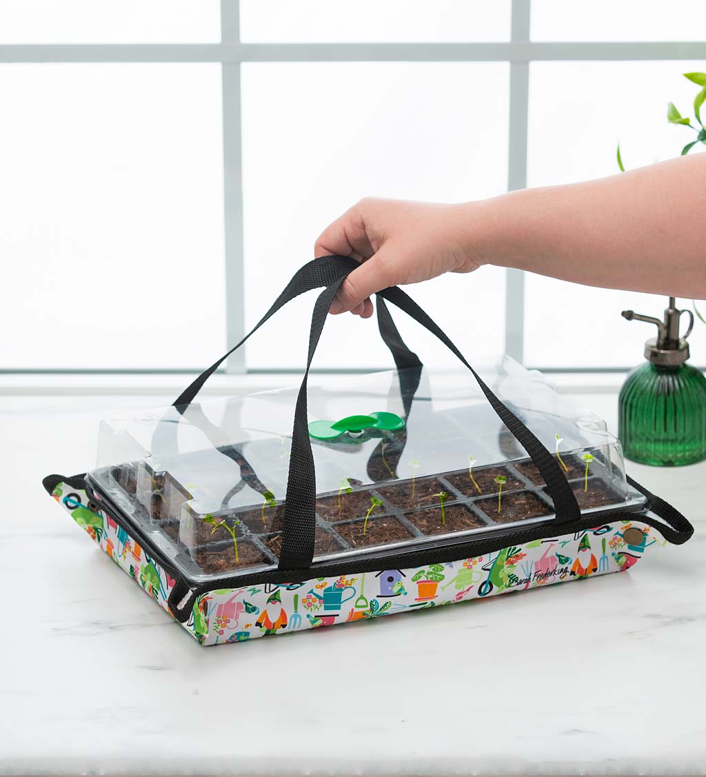 Seedling Starter Tray Set with Fabric Carrier, Plastic Tray, and Plastic Lid, Gardening Gnomes