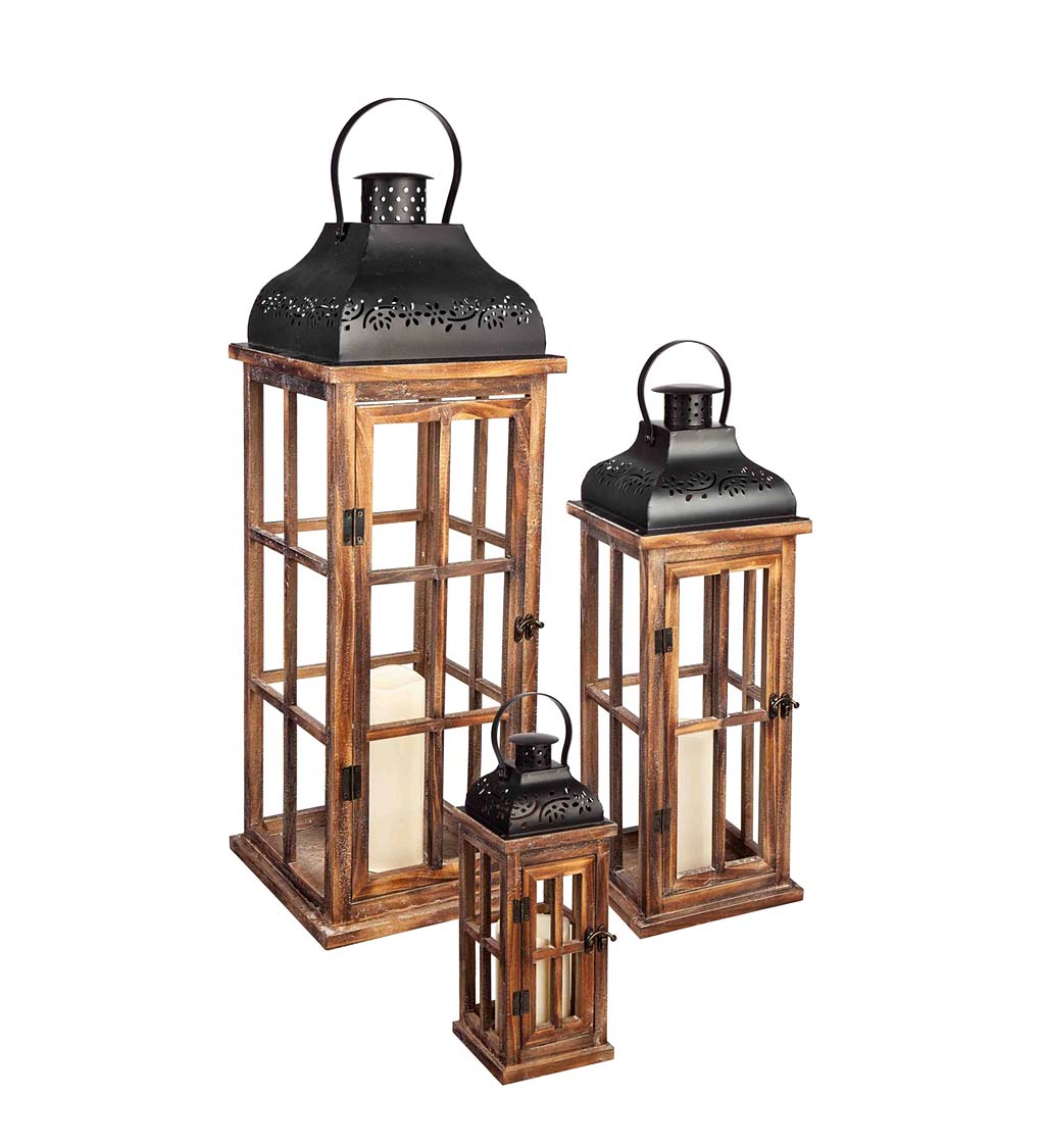 Nested Wood and Metal Lantern Set with LED Candles