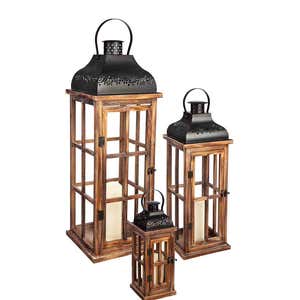 Nested Wood and Metal Lantern Set with LED Candles