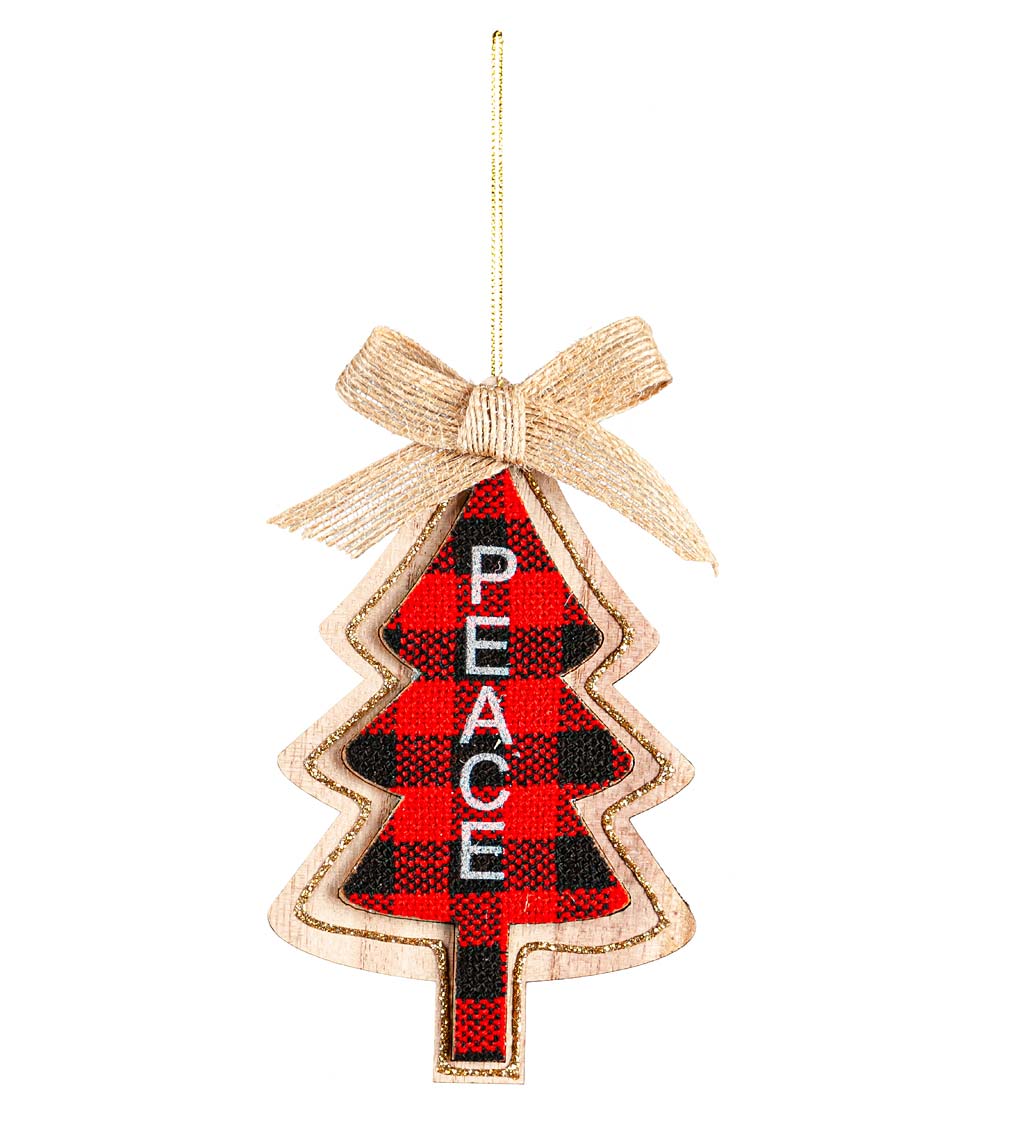 Peace and Merry Buffalo Check Christmas Tree Ornaments, Set of 2