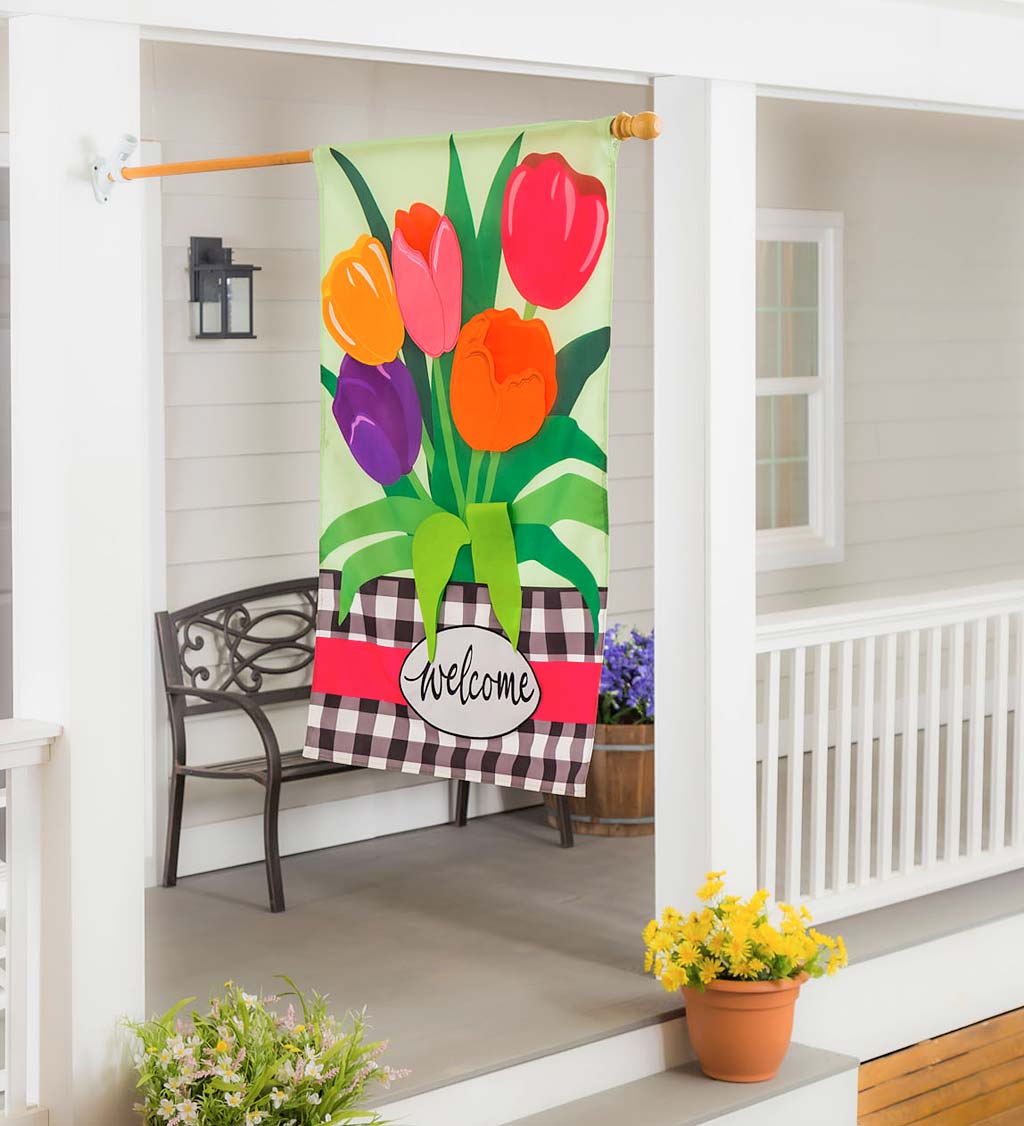 Welcome Spring Tulips Applique House Flag