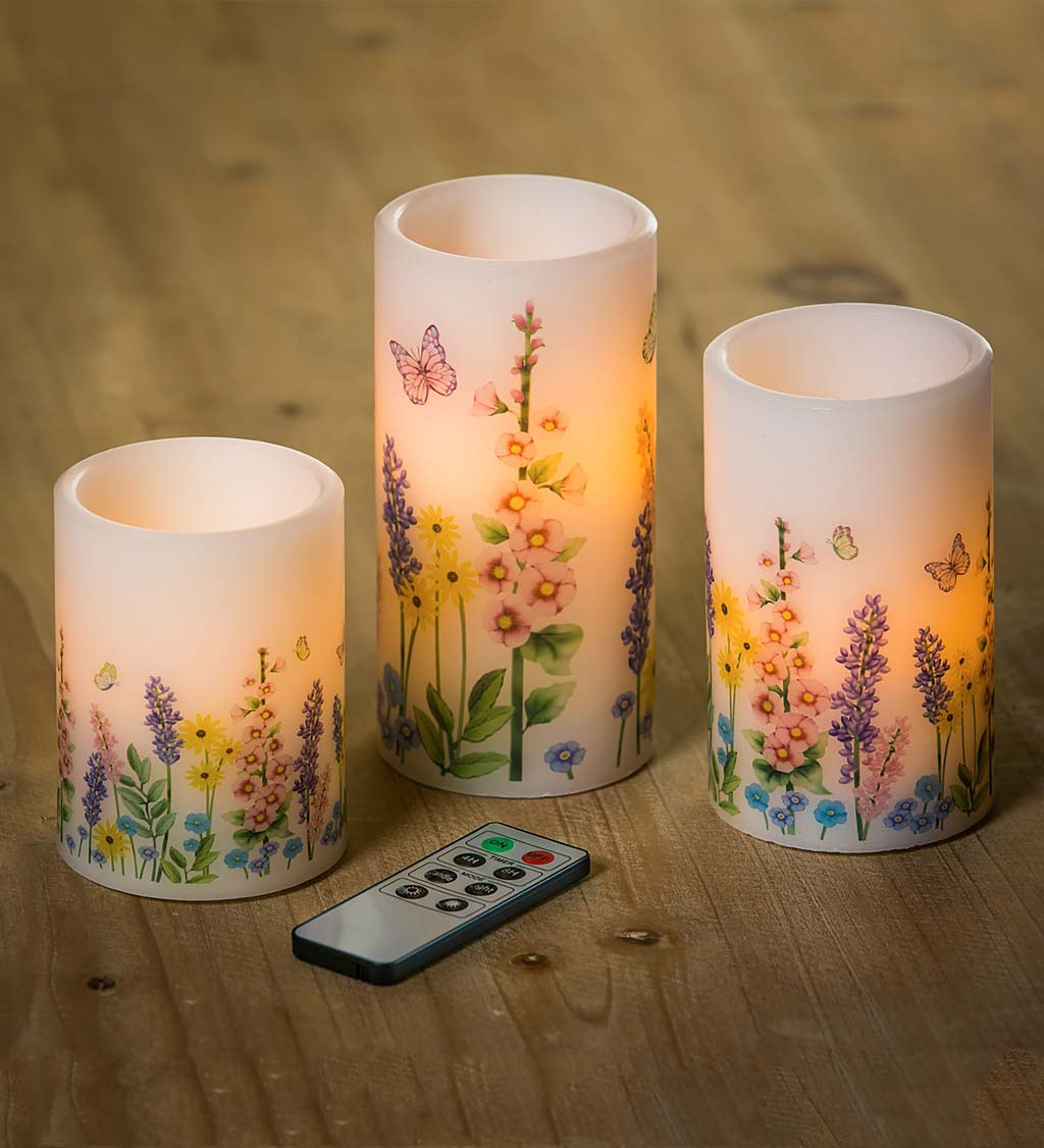 Flameless Pillar Candles with Floral Designs, Set of 3