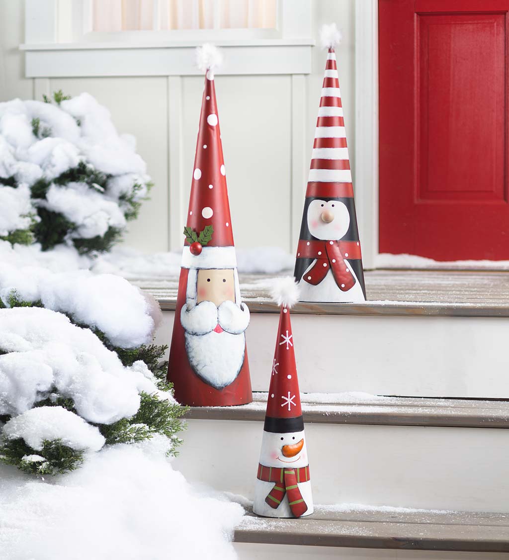 Metal Cone-Shaped Holiday Characters, Set of 3