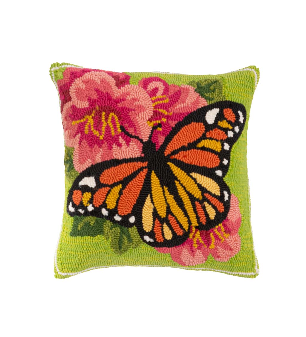 Indoor/Outdoor Hooked Polypropylene Monarch Butterfly Throw Pillow