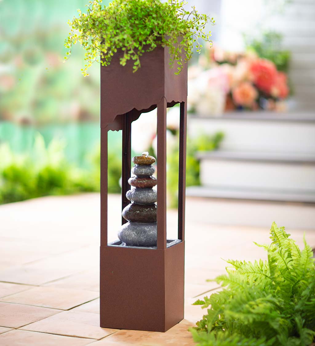 Freestanding Electric Lighted Fountain with River Rock Cairn and Planter