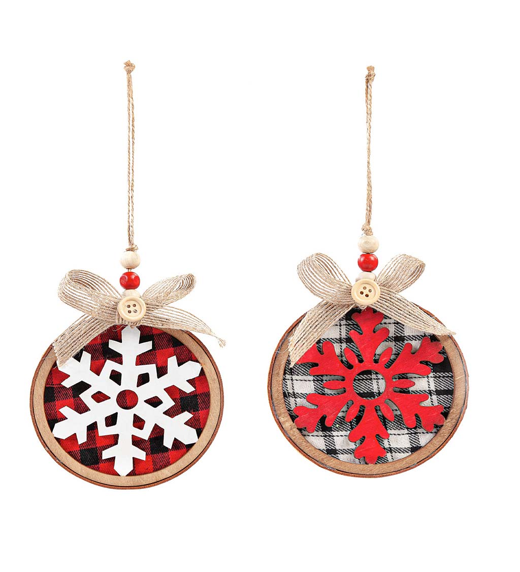 Wooden and Plaid Snowflake Christmas Tree Ornaments, Set of 2