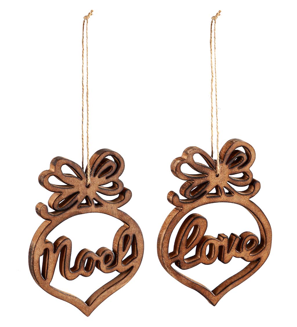 Stained Wood Noel and Love Script Christmas Tree Ornaments, Set of 2
