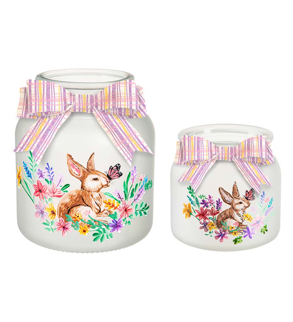 Lighted Glass Jar with Springtime Bunny Scene, Set of 2