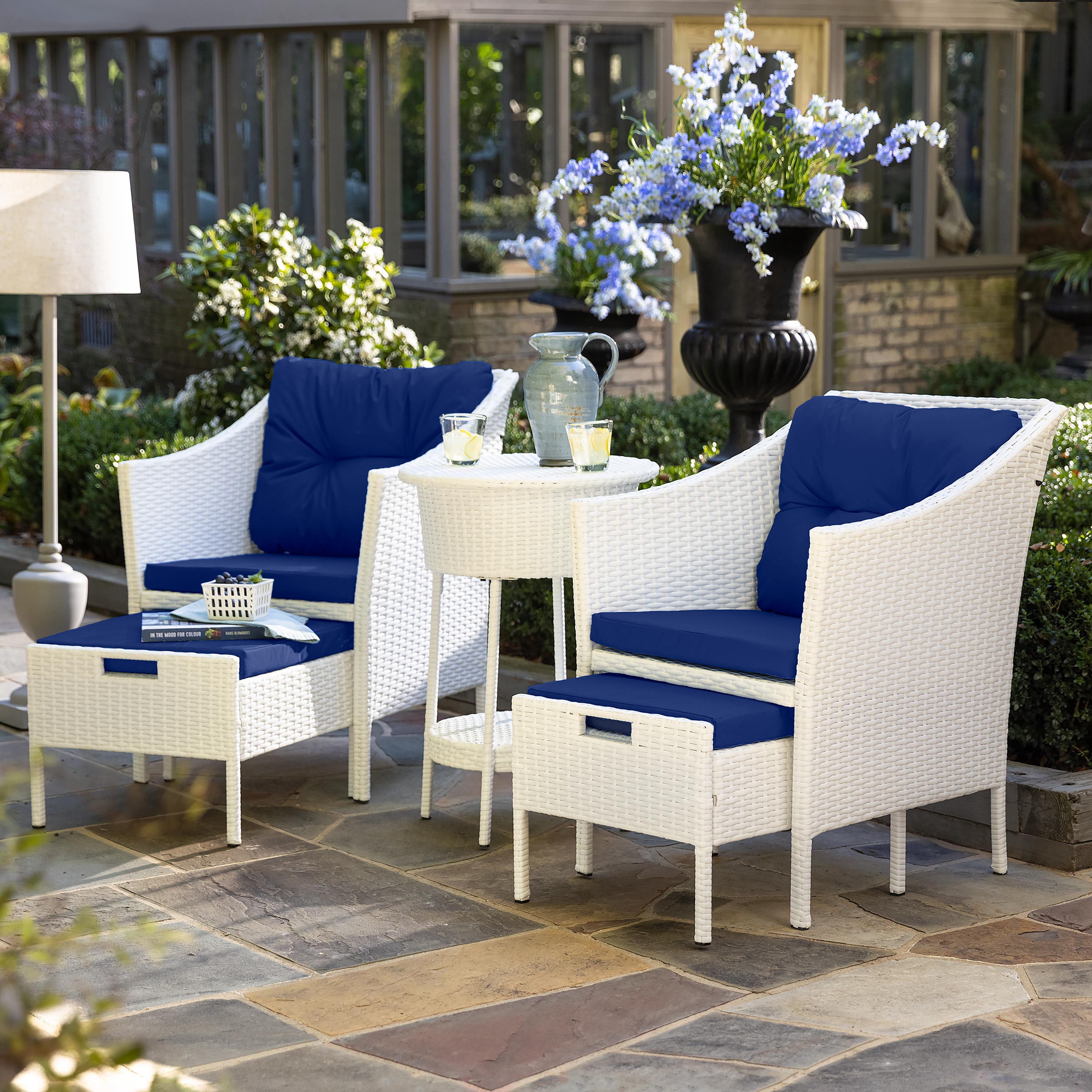 Harbor Moon Chat Set with Hideaway Ottomans and Cooler Table