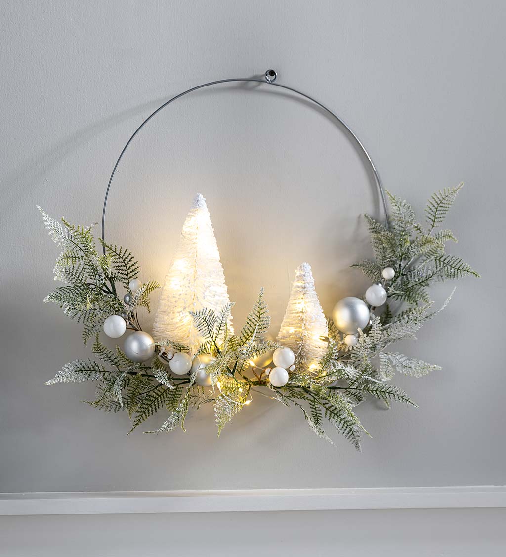 Lighted Holiday Hoop Wreath with Bottle Brush Trees