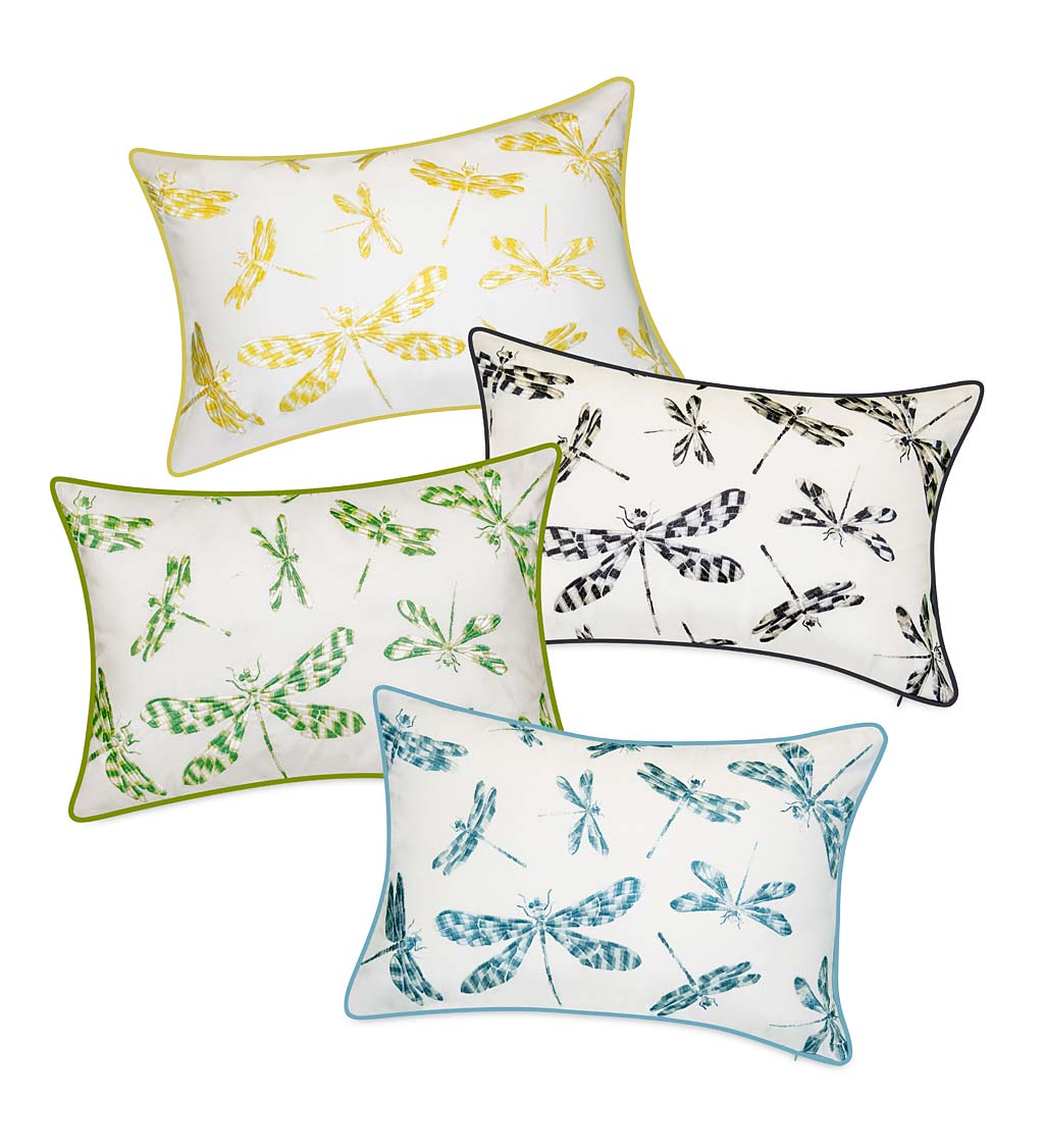 Indoor/Outdoor Embroidered Dragonfly Lumbar Pillow - Leaf | Plow 