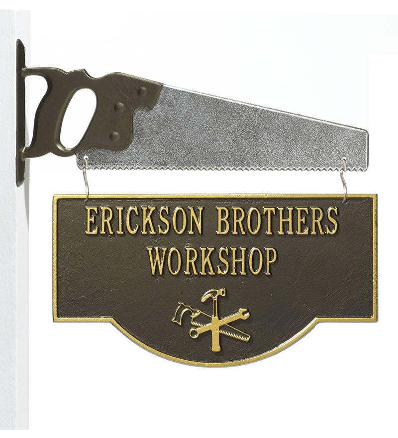 American-Made Personalized 2-Sided Workshop Sign With Saw Bracket In Cast Aluminum