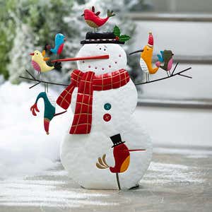 Metal Snowman and Birds Garden Statue