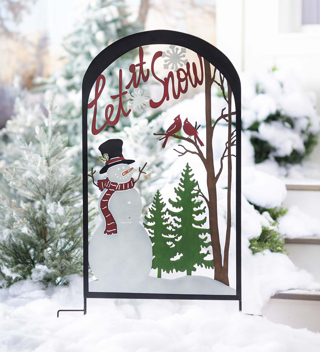 Colorful Painted Let It Snow Metal Garden Trellis Stake with Snowman