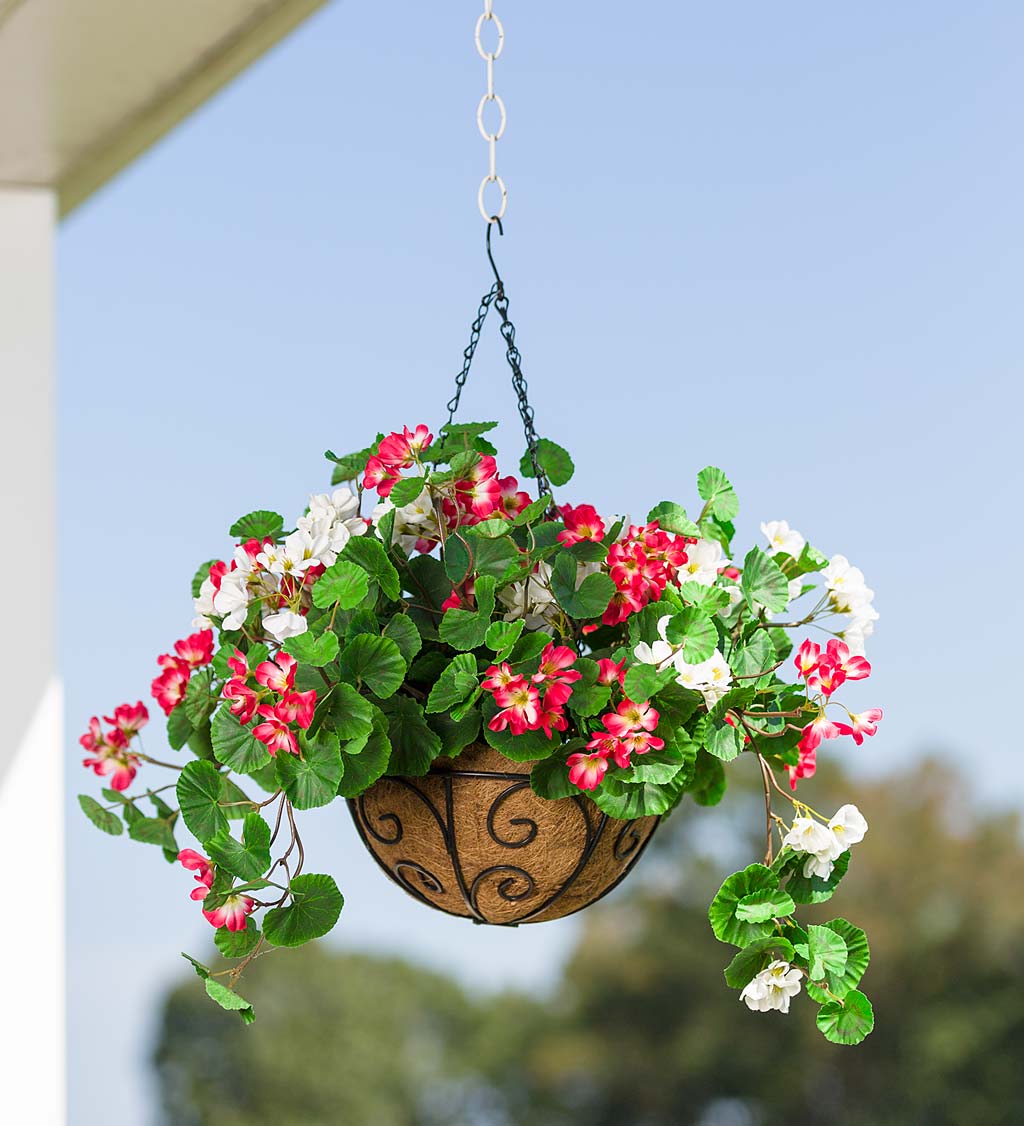 Everlasting Faux Red and White Geranium Hanging Basket