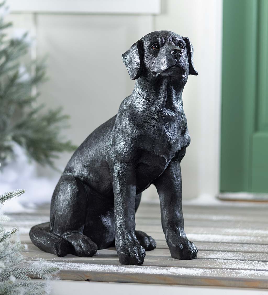 Black Labrador Statue with Removable Lighted Holiday Wreath
