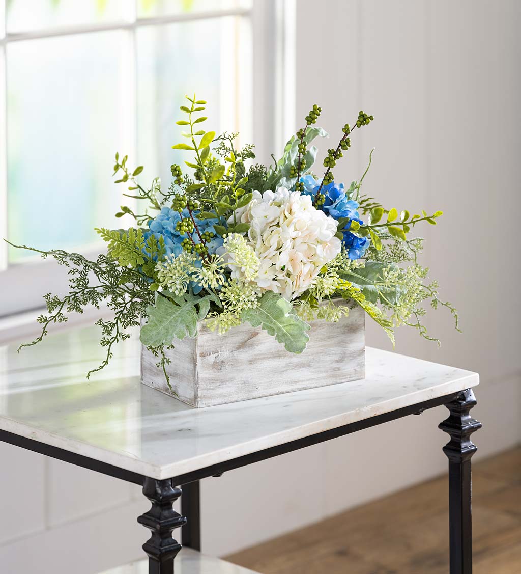 Hydrangea and Fern Faux Floral Arrangement in Whitewashed Container