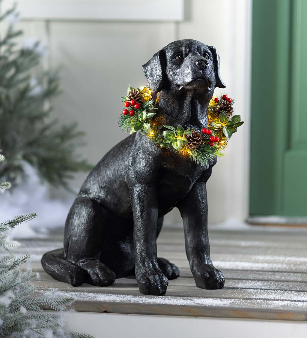 Black Labrador Statue with Removable Lighted Holiday Wreath