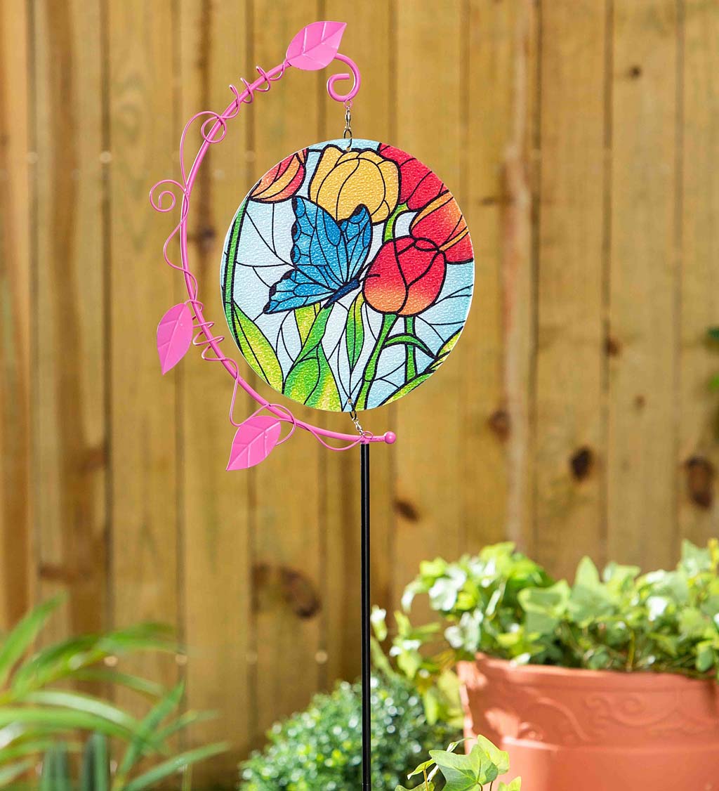 Spinning Butterfly and Red Tulips Stained Glass Garden Stake
